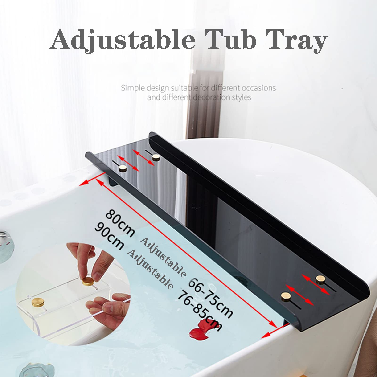 Vassoio per vasca da bagno regolabile in acrilico nero da 89,9 cm per vasca da bagno, elegante tavolo da bagno, vassoio da bagno di lusso per relax e conservazione, perfetto per la cura di sé