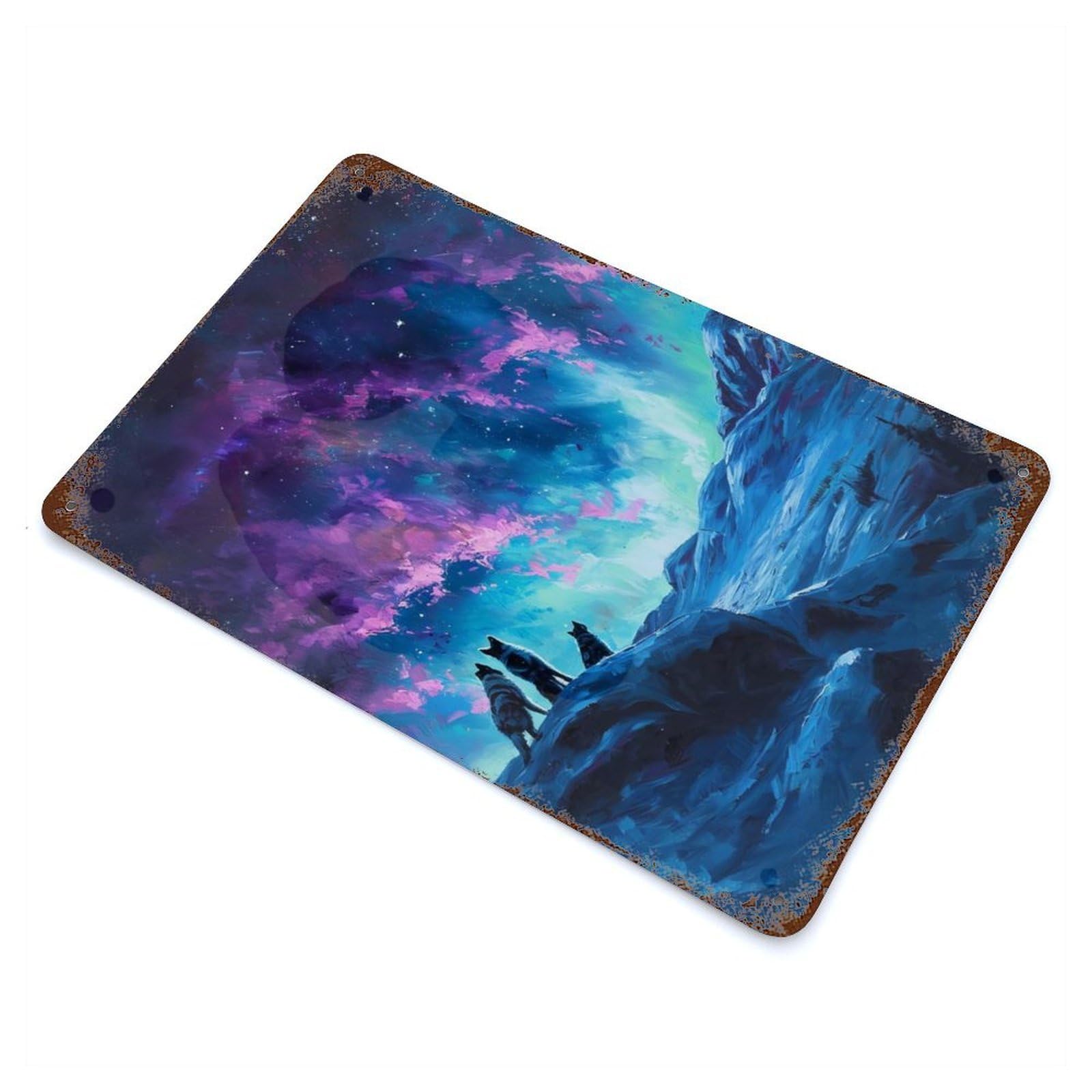Wolves Under Aurora Borealis Painting 11.8"x7.9" Rusty Metal Tin Sign, Novelty Wall Decor for Cafe, Home Bar And Lounge Decor