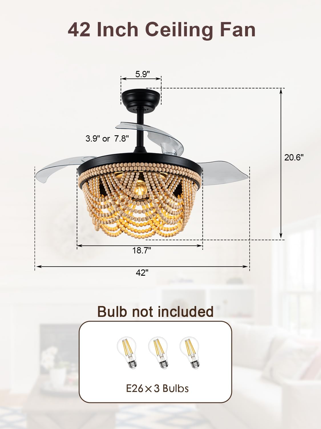 Boho Ceiling Fan with Light, Modern Ceiling Fan with 6 Speed, Wood Beads Flush Mount Ceiling Fans for Bedroom Living Dining Room Kitchen (42 inch)