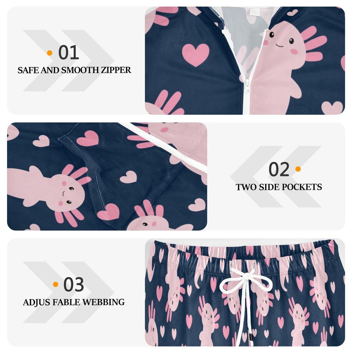 Conjunto deportivo de 2 piezas para mujer, diseño de ajolote, manga larga, con corazones de dibujos animados
