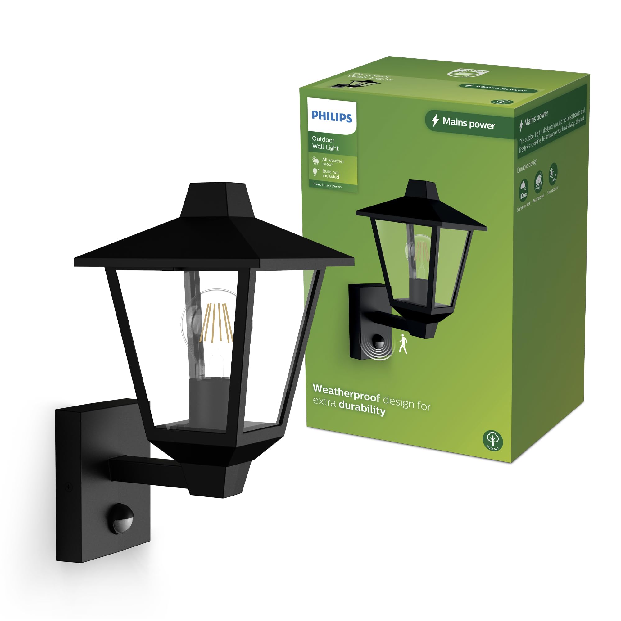PHILIPS Kinno Outdoor Wall Light with Sensor, Max 25W, E27 Socket, Black​