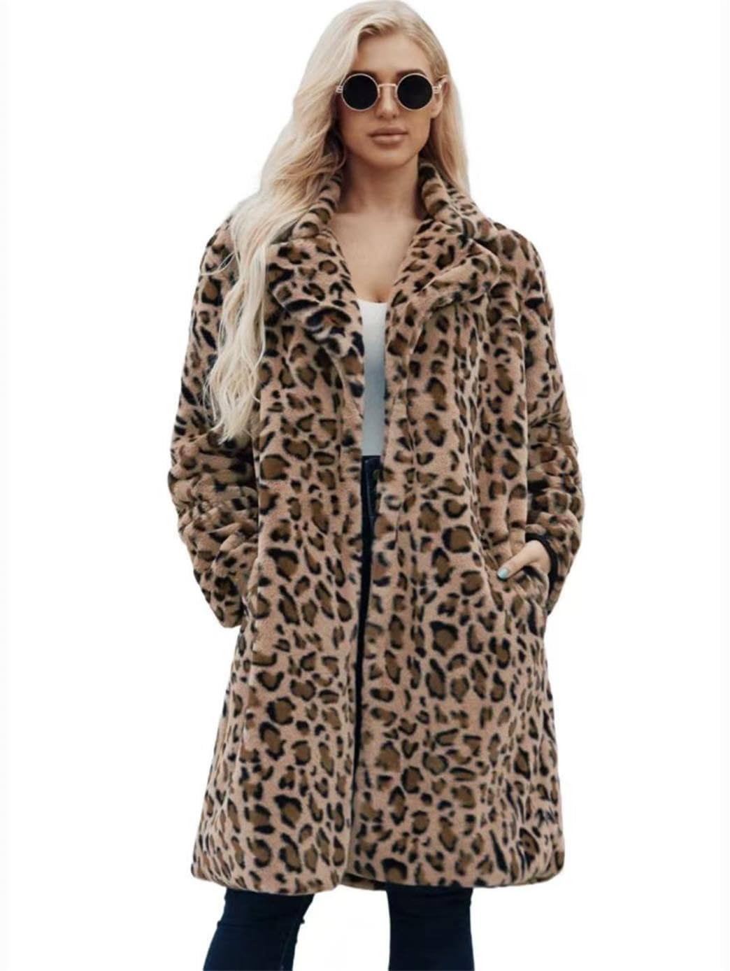 Long leopard suit collar faux fur coat women's casual coat autumn and winter new.