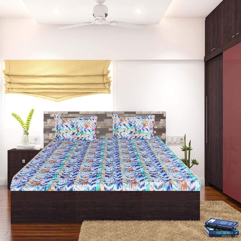 Image of Bedsheet Bed with 2 Pillow Covers 100% Cotton 144 TC |Chadar - Flat Sheet with 2 Pillow Covers - Ziz Print Blue King