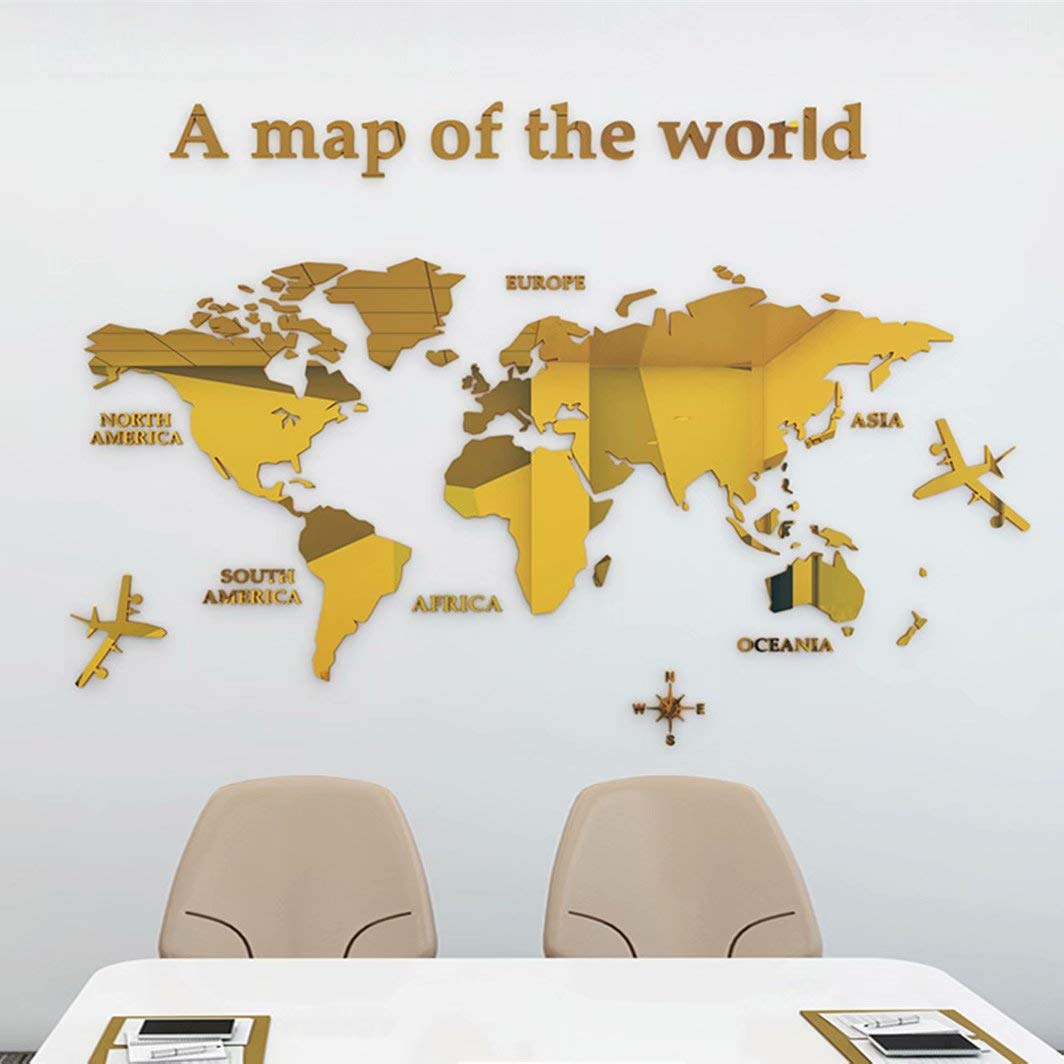 3D Wall Stickers DIY World Map Wall Decal Large Map Art Murals Sticker for Living Room Bedroom Kindergarten Nursery Restaurant Home Decor(Gold,M:120 * 60 cm)