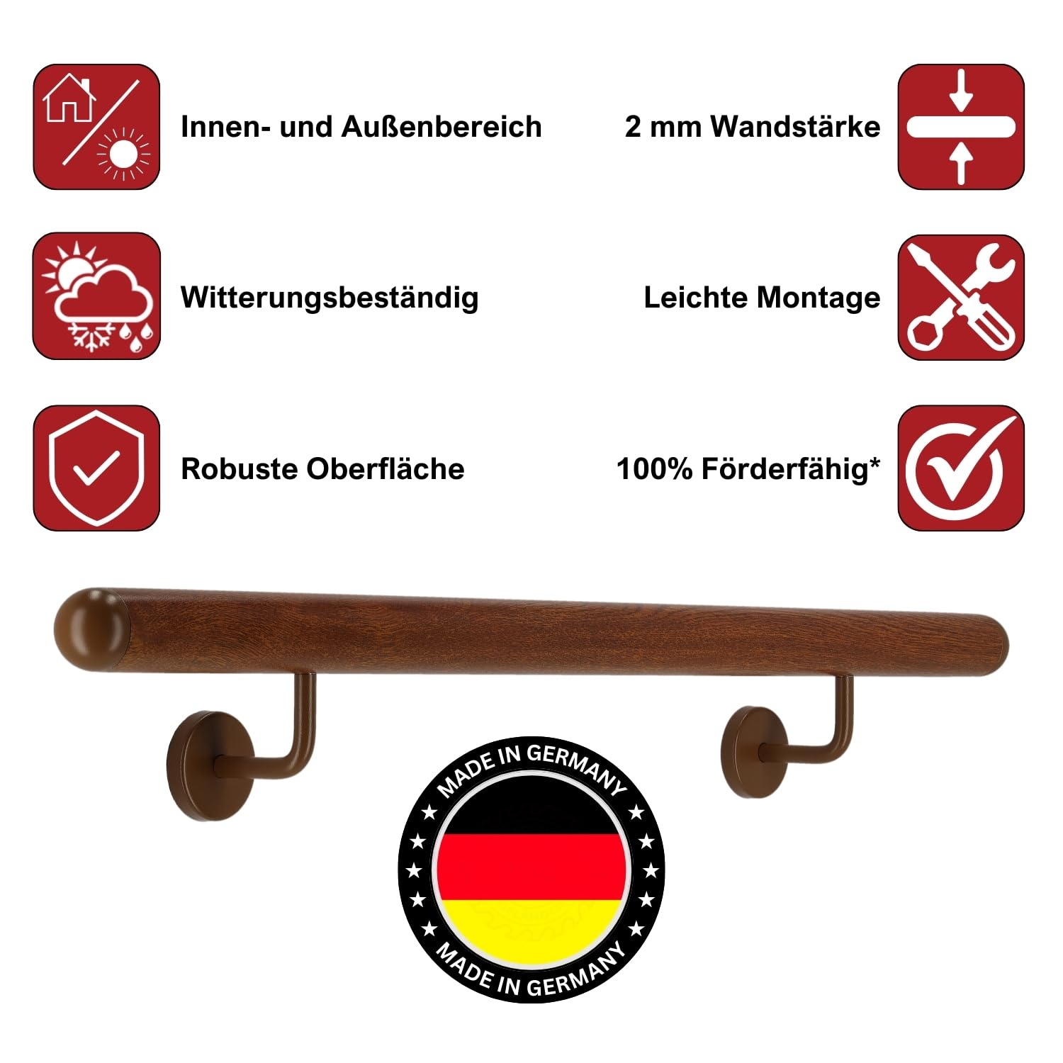 TIBU Handlauf Aluminium Mahagoni Holz Dekor 30-600cm Wandhandlauf Treppe gewinkelte Edelstahlhalter, Länge 60 cm mit 2 Halter und halbrunde Kappe