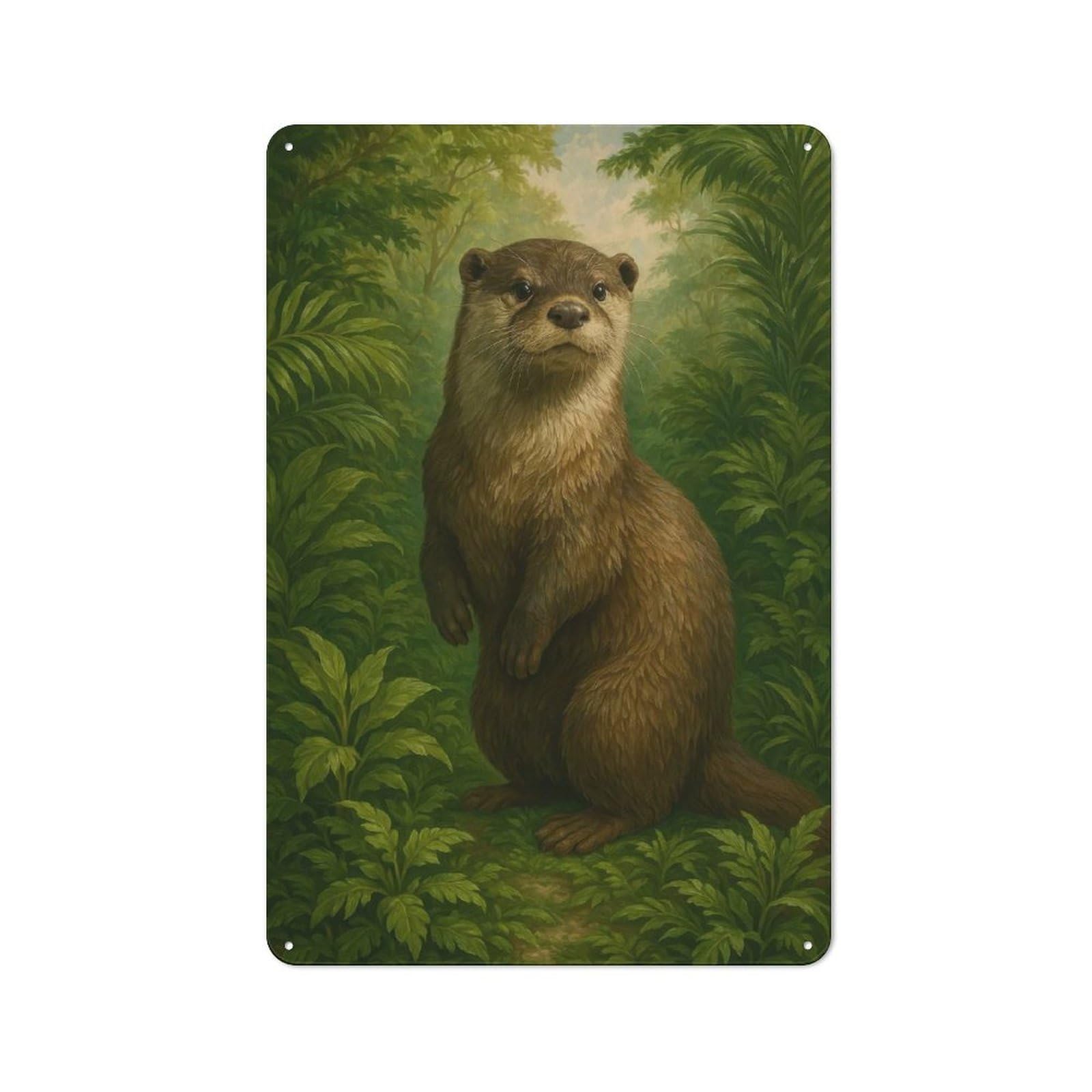 Junmoney Style Metal Plaque 30X20cm With Otter In Lush Greenery Painting For Hallway Wall, Rustic Decor, A Metal Wall Feature For Hallways And Entrance Areas