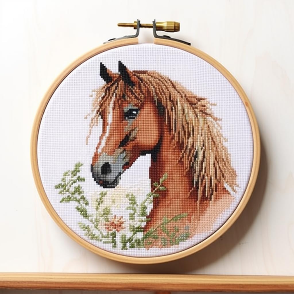 Generic Watercolor Horse Stamped Cross Stitch Kits for Beginners Easy with Hoop 11CT Needlepoint Embroidery DIY Counted Cross Stitch Kits Art Craft Wall Decor 35x35cm