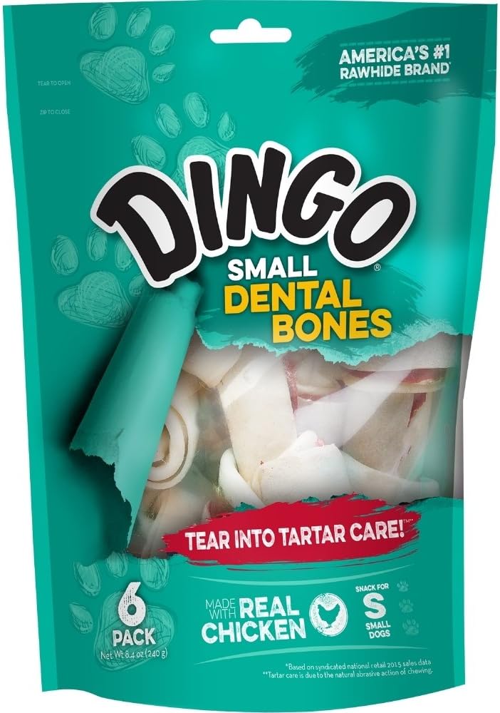 Dingo Small Dental Bones 6 Count, Rawhide Chews for Dogs, Natural Chewing Action Helps Clean Teeth