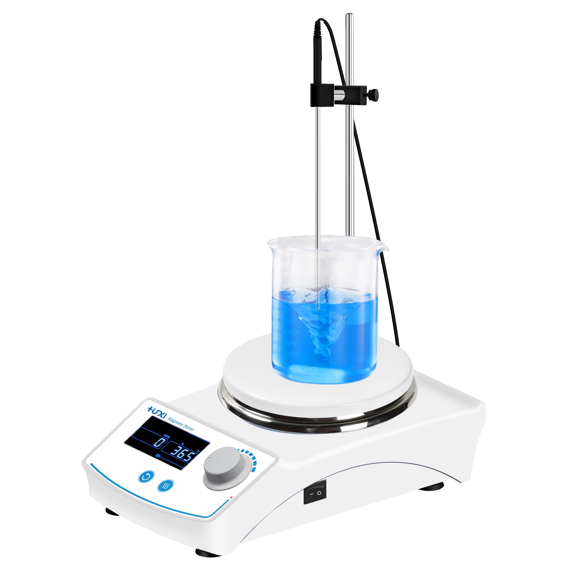 +UXI Agitador magnético con pantalla LCD RT+5 ~ 350º, rango de velocidad 100-2000 rpm, capacidad máxima de procesamiento, 20 L, rango de ajuste de tiempo 0-99h59min con 2 barras de agitación de 110 V