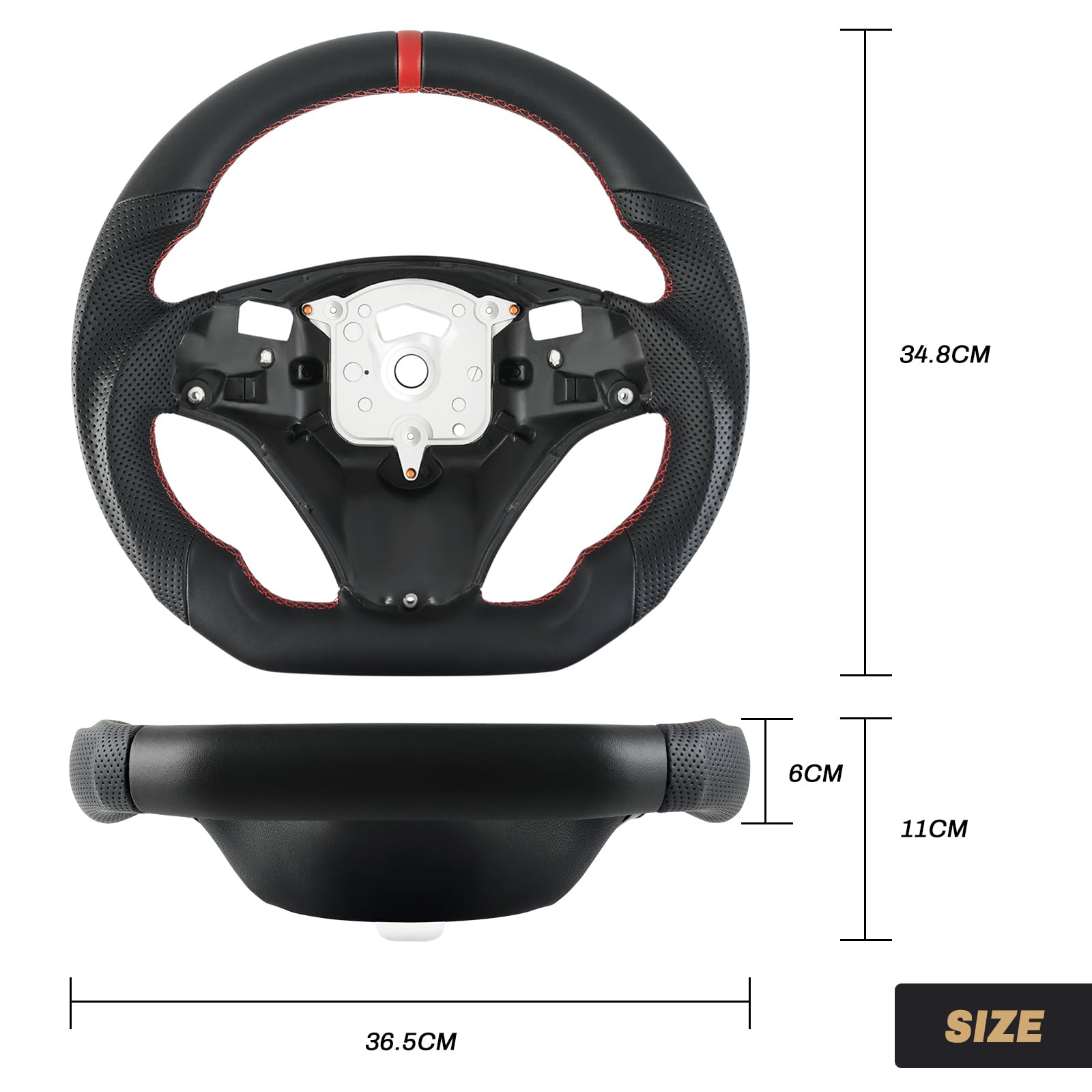 Vollleder - Lenkrad Anti-Rutsch-Ledergriff D-förmig flache Unterseite Lenkrad mit roten Nähten für BMW M Sport 1/3 Series M3/E88 E90 E91 E92 E93 2005-2012