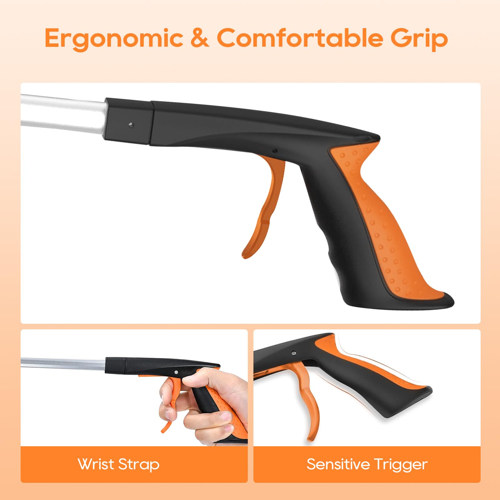 Paquete de 2 herramientas de agarre resistentes de 43 pulgadas, plegables con mandíbula giratoria de 360°, punta magnética, agarre ergonómico, garra ancha para recoger basura, jardinería y llegar a