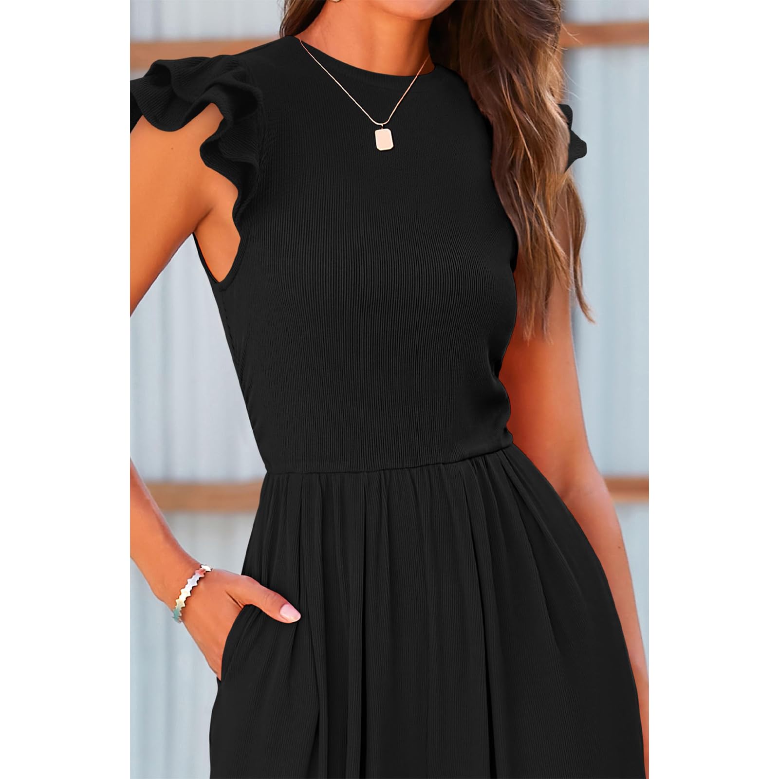 Femmes Combinaison sans Manche Col Rond Élégant Barboteuse Jumpsuit Pantalon Loose Casual Combishort avec Poches Pantalon Taille Haute Vêtements de Travail Jumpsuit