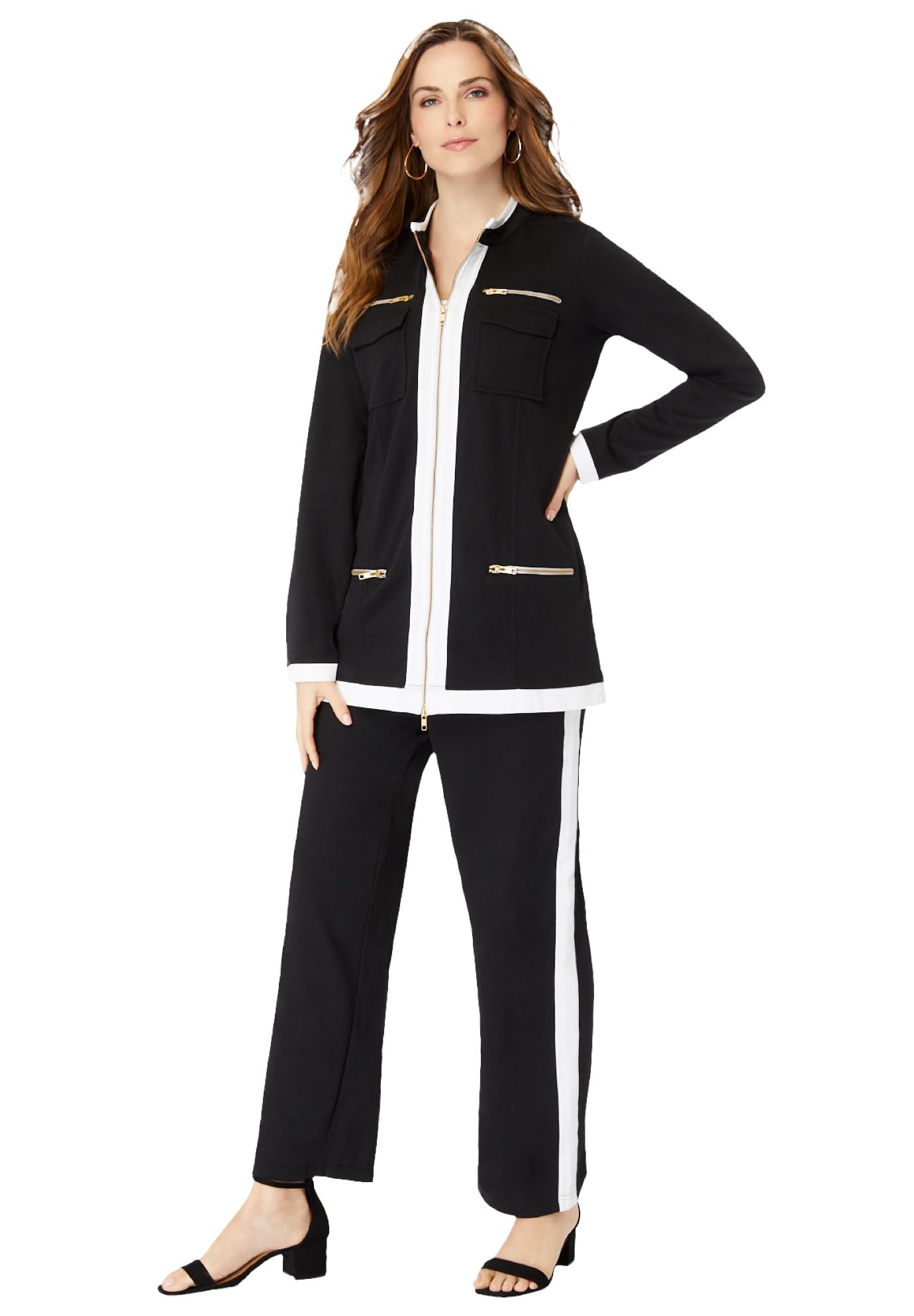 Roamans Womens Plus Size Side Stripe French Terry Pull On Pant Set