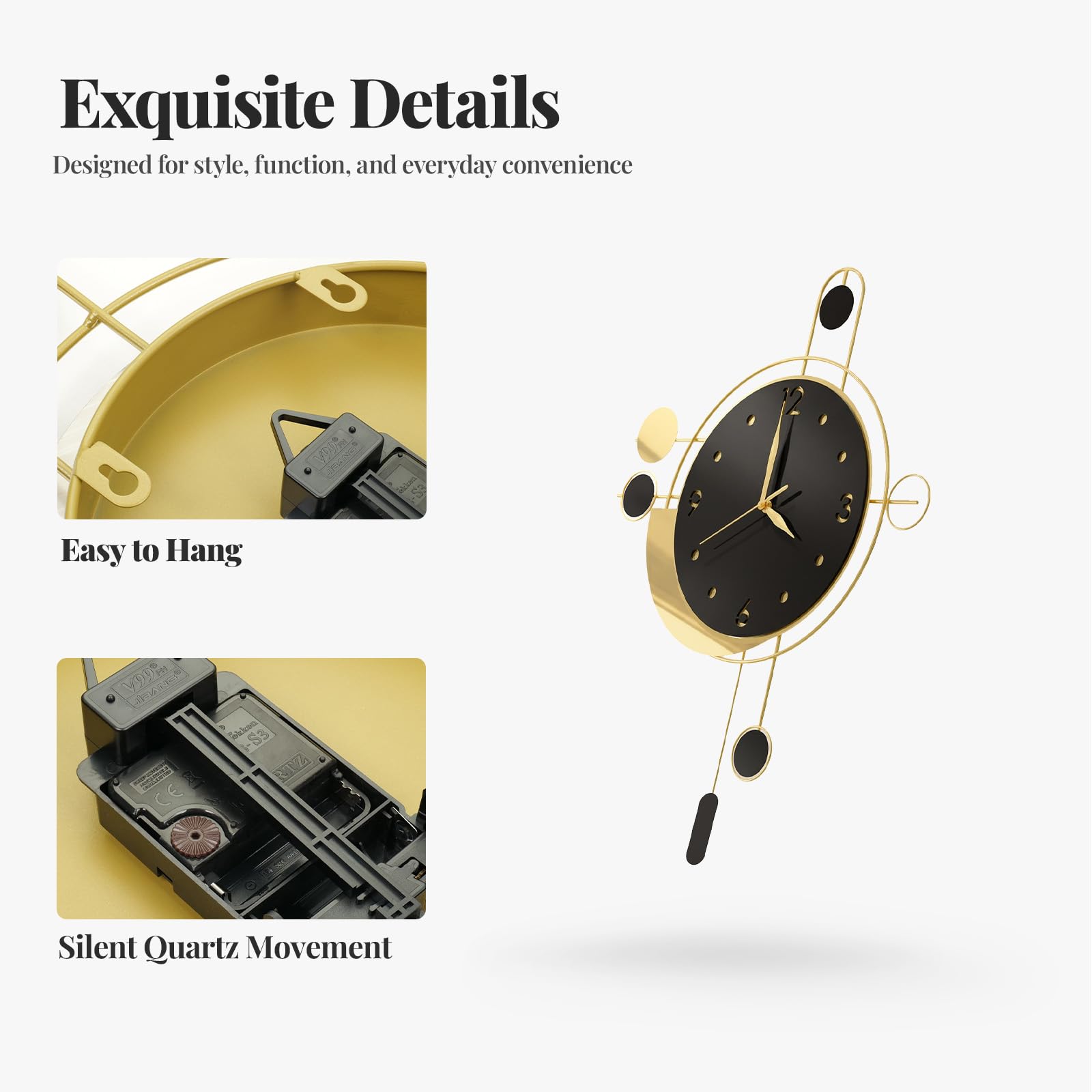 Cuspin Orologio da parete moderno con pendolo, orologio da parete di lusso nero e oro, silenzioso senza ticchettio a batteria, orologio decorativo in metallo per soggiorno, camera da letto, cucina