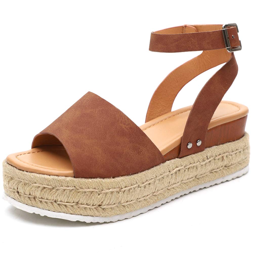 Athlefit Women's Espadrille Wedge Sandals Ankle Strap Buckle Platform Sandals Size 10.5 Brown