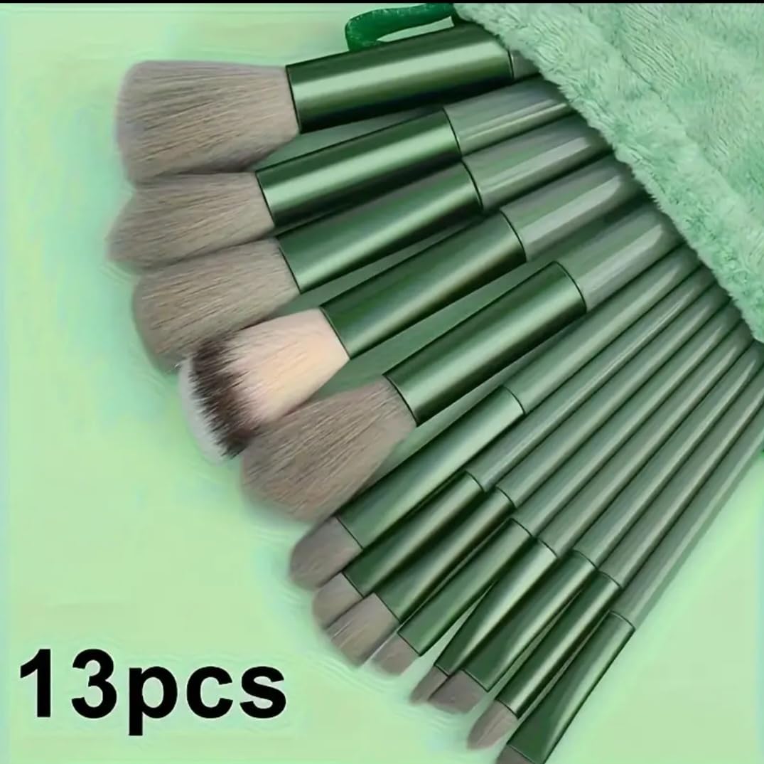 13 Professional Makeup Brushes, Oval Shape, Perfect for Foundation Eyebrow, Blending, Eye Shadow Powder, Greenery - Image 4