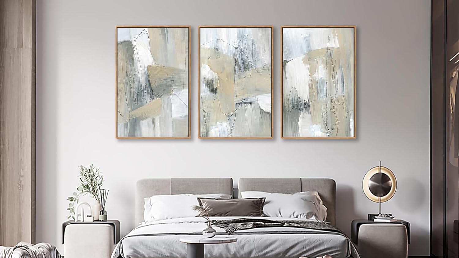 Large Framed Abstract Wall Art for Living Room Decor, Beige, 24X36inX3pcs, Neutral Abstract Painting Artwork Wall Picture, Modern Wabi-sabi Canvas Art Prints for Bedroom Bathroom Office Home