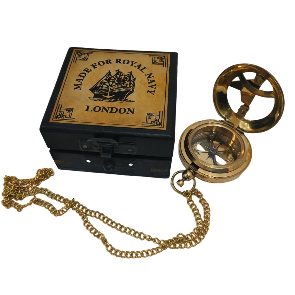 Bussola in ottone vintage con meridiana a pressione, accessorio tascabile con scatola in legno incisa, regalo da collezione nautico personalizzato fatto a mano