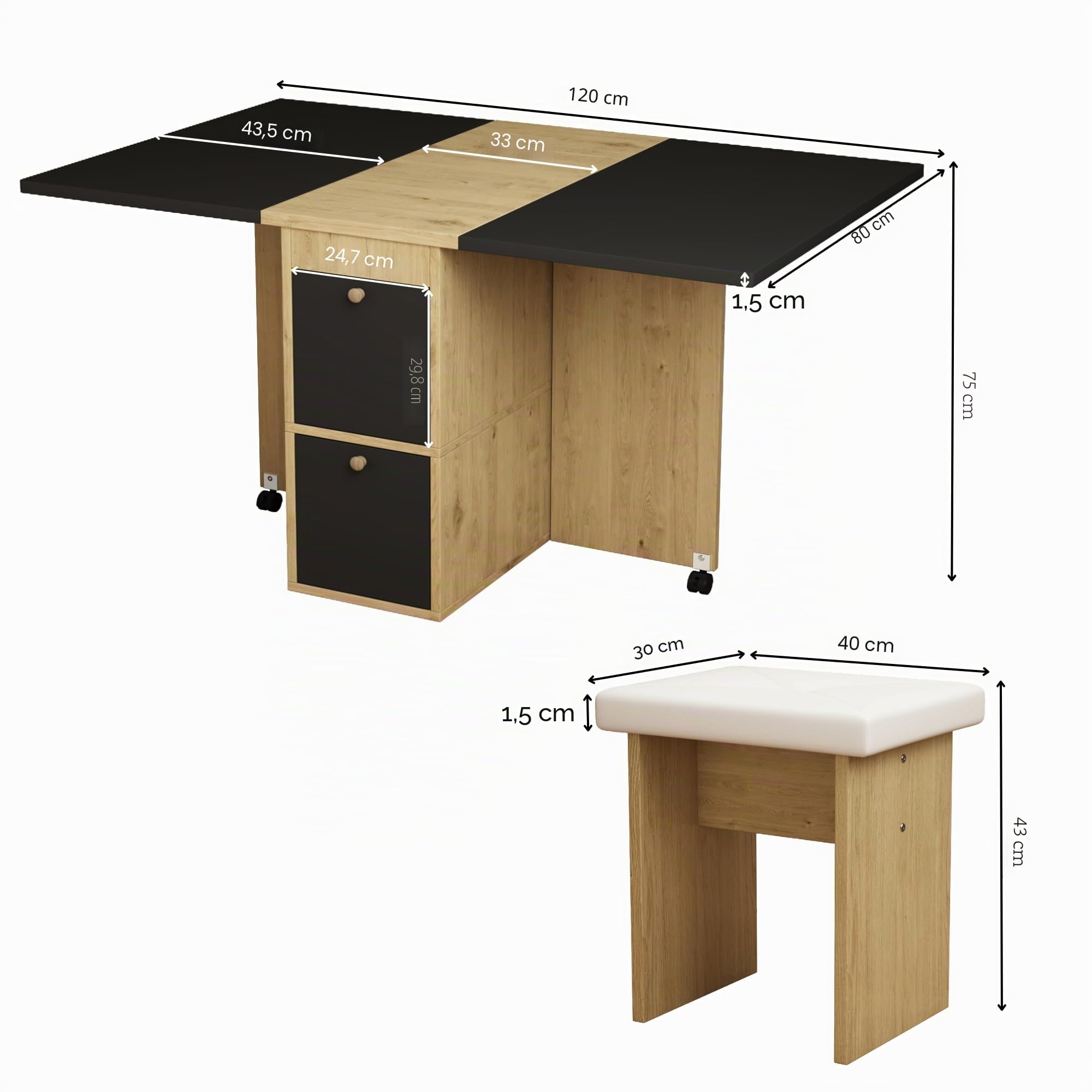 Juego de Mesa de Comedor Plegable Con Ruedas (1 Mesa, 4 Sillas) - Extensible Multifuncional 120 x 80 x 75 cm Con 4 Taburetes
