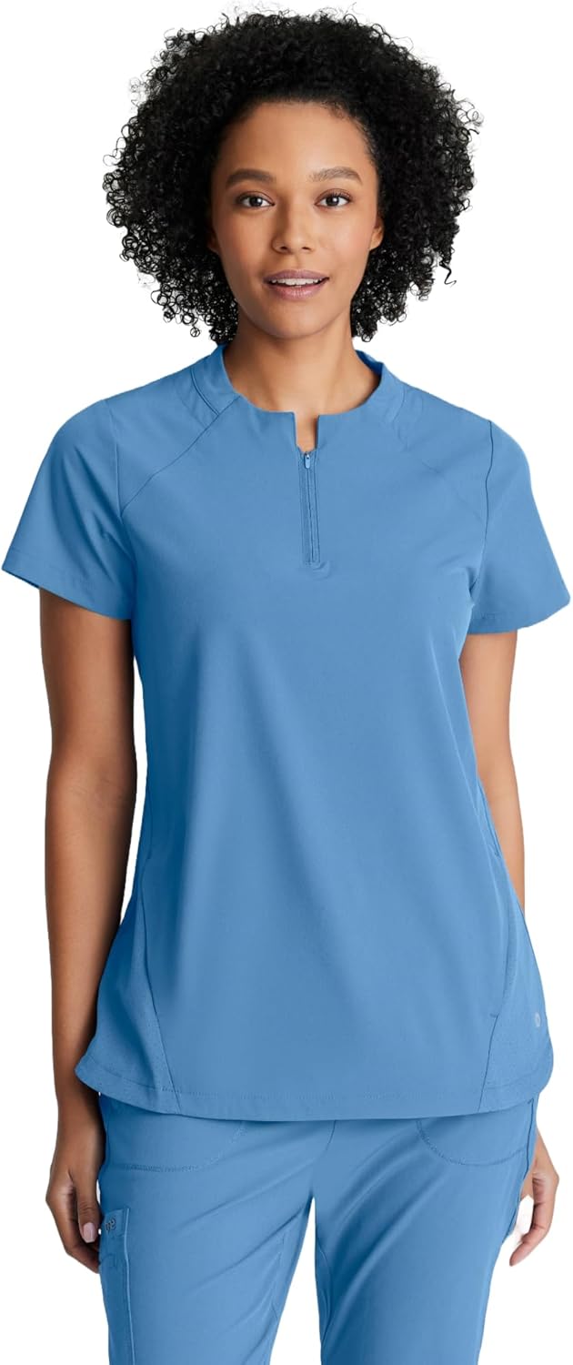 BARCO One Flux Classic Fit Zip Collar Scrub Top for Women's 2-Pocket Shirt with 360 Spandex Stretch Moisture Wicking Fabric