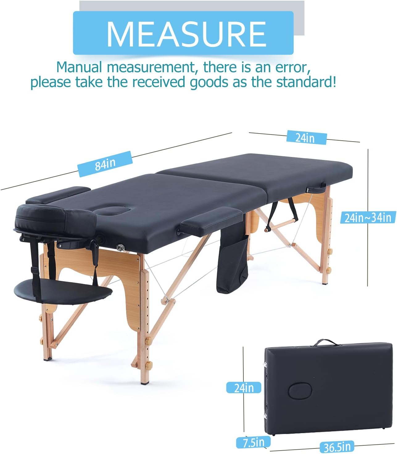Portable Massage Table,84 Inch Massage Tables Portable with Side Pocket and Towel Rack Adjustable Height Lash Bed Massage Bed Tattoo Table Esthetician Bed for Eyelash Tattoo Spa,Black