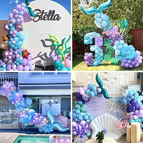 Teselife Mermaid Tail Balloon Arch Garland Kit, 89Pcs Silver Pastel Blue Purple Latex Balloons Shell Star Foil Balloons with Light Pink Tinsel Curtain for Girls Kid Princess Birthday Party Decorations