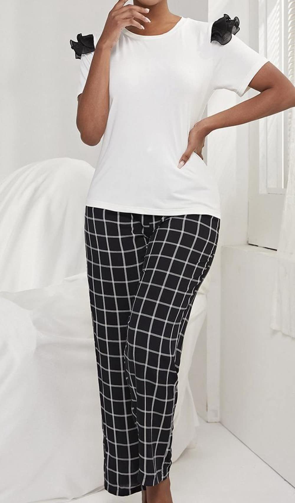 Donna Pigiama Estivo Due Pezzi,Top Bianco Pantaloni A Quadri Neri Donna Estate Manica Corta Pigiama 2 Pezzi Set Pigiami Morbidi alla Moda Loungewear Regalo per La Festa della Mamma per Moglie Fidanz