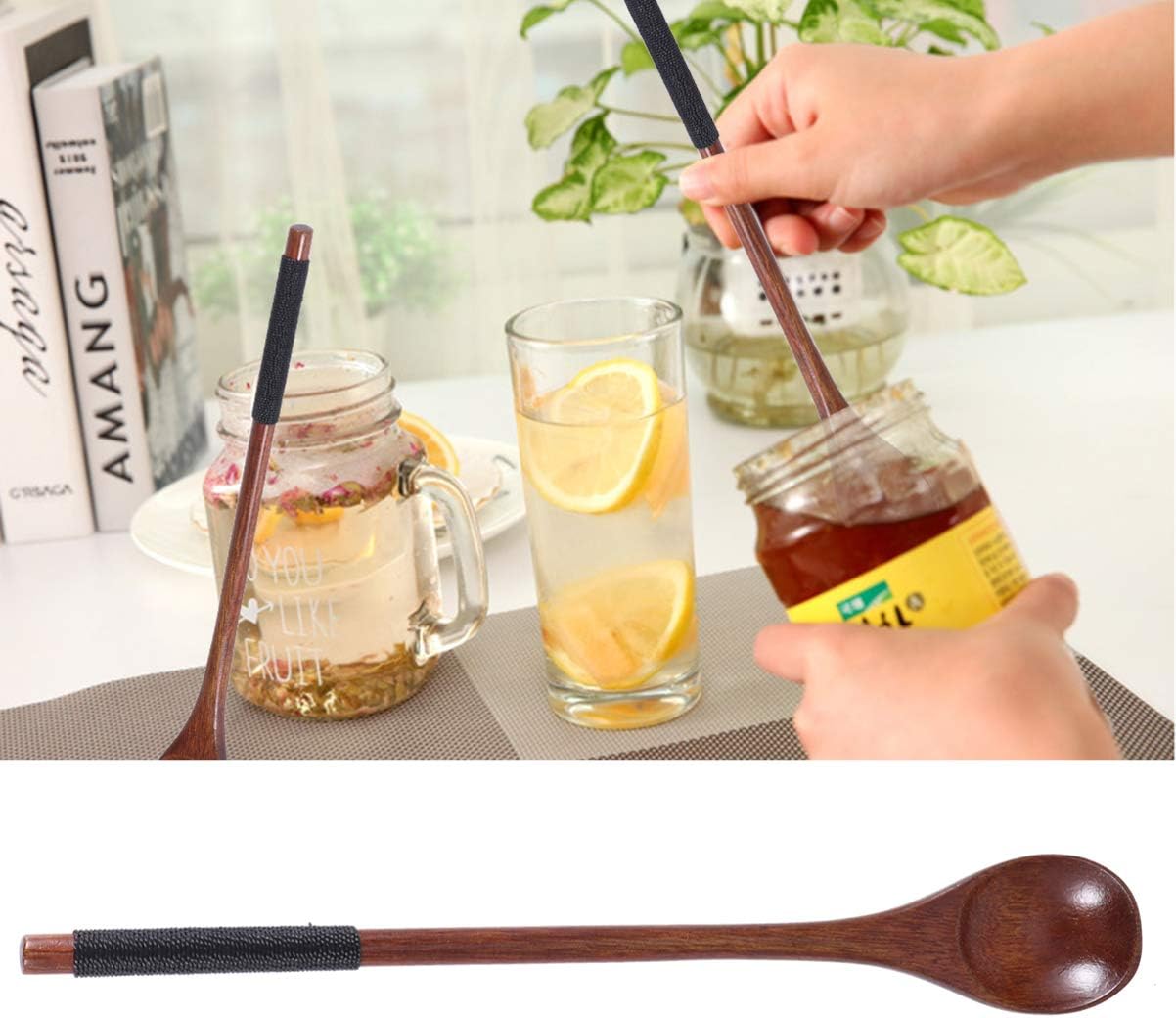 5pcs Long Handle Honey Wooden Spoons for Tea Soup Desserts Salad Dipping Natural