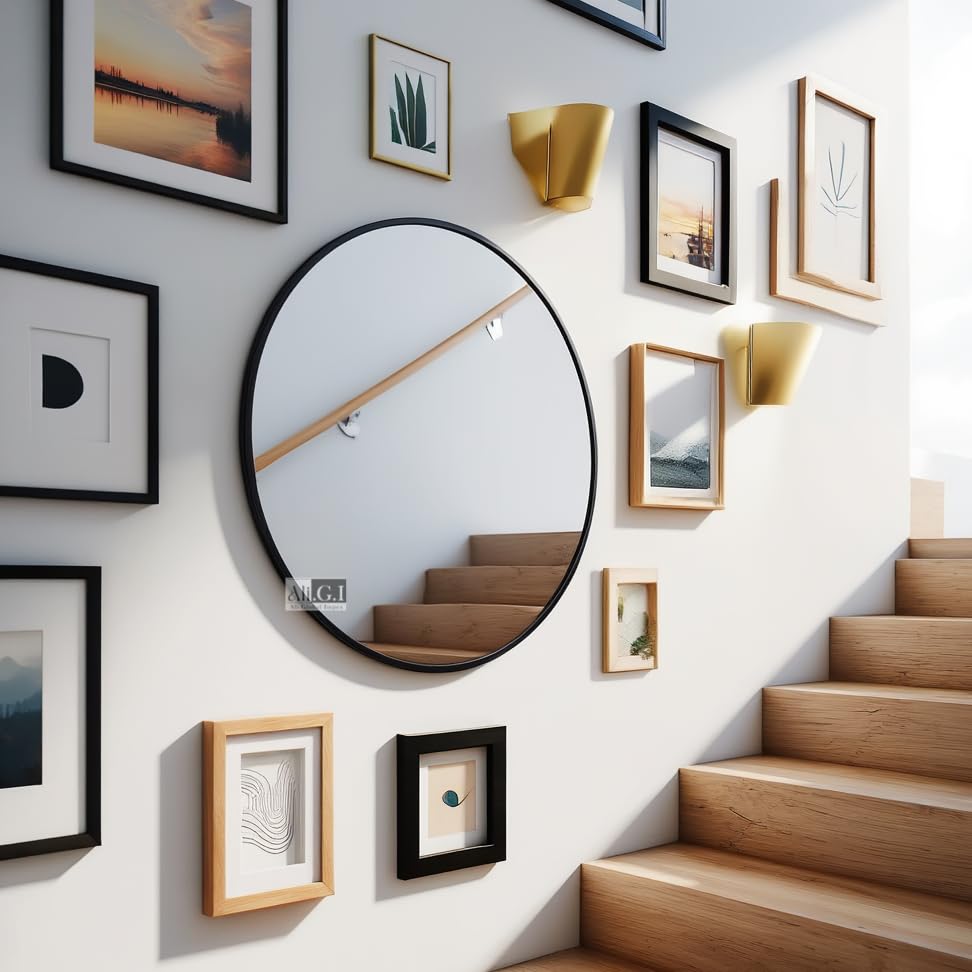 Image of Round Wall Mirror in Gold I Metal Frame Mirror I Modern Design Metal Frame Mirror in Medium Size I Bathroom Wash Basin, Bedroom, Drawing Room (Black 30 inch)