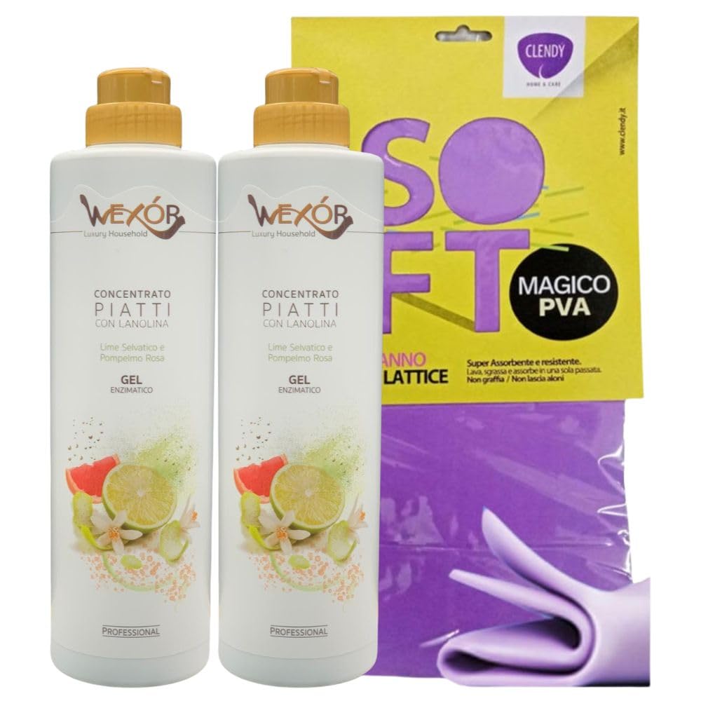 2X Concentrato Piatti, Gel Enzimatico con Lanolina, Lime Selvatico e Pompelmo Rosa, 750ml + Panno SOFT In Lattice (Colori Assortiti)