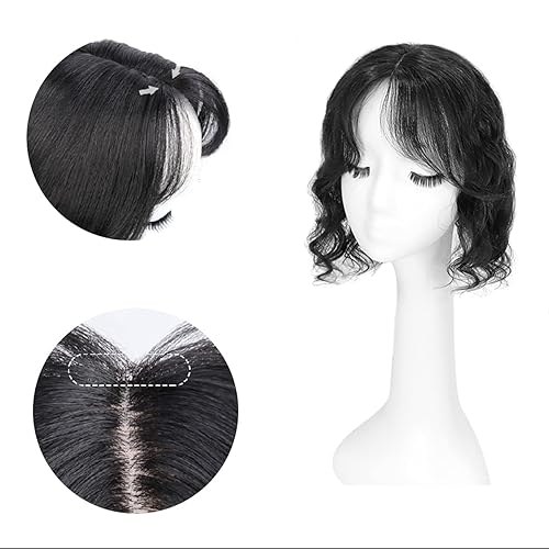 Miniatura 5 de Peluca de cabello humano rizado tipo tupé para mujer con flequillo lateralflecos que añaden volumen al cabello, base de seda de 5 x 5 pulgadas,