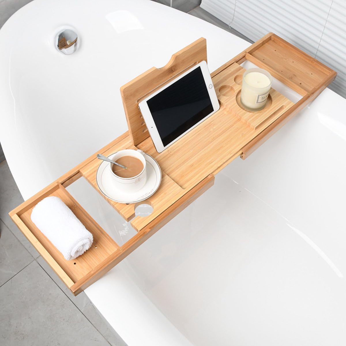 Vassoio da bagno espandibile in bambù antiscivolo, con supporto per bicchieri di vino e tablet, perfetto per spa relax e cura di sé, regalo per donne