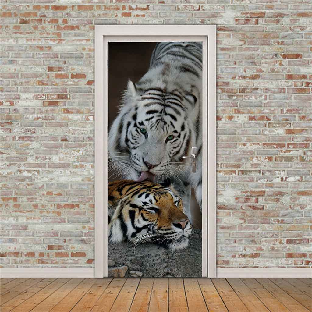 Stickers 3D porte tigre au visuel trompe-l'oeil saisissant et papier peint vinyle lavable