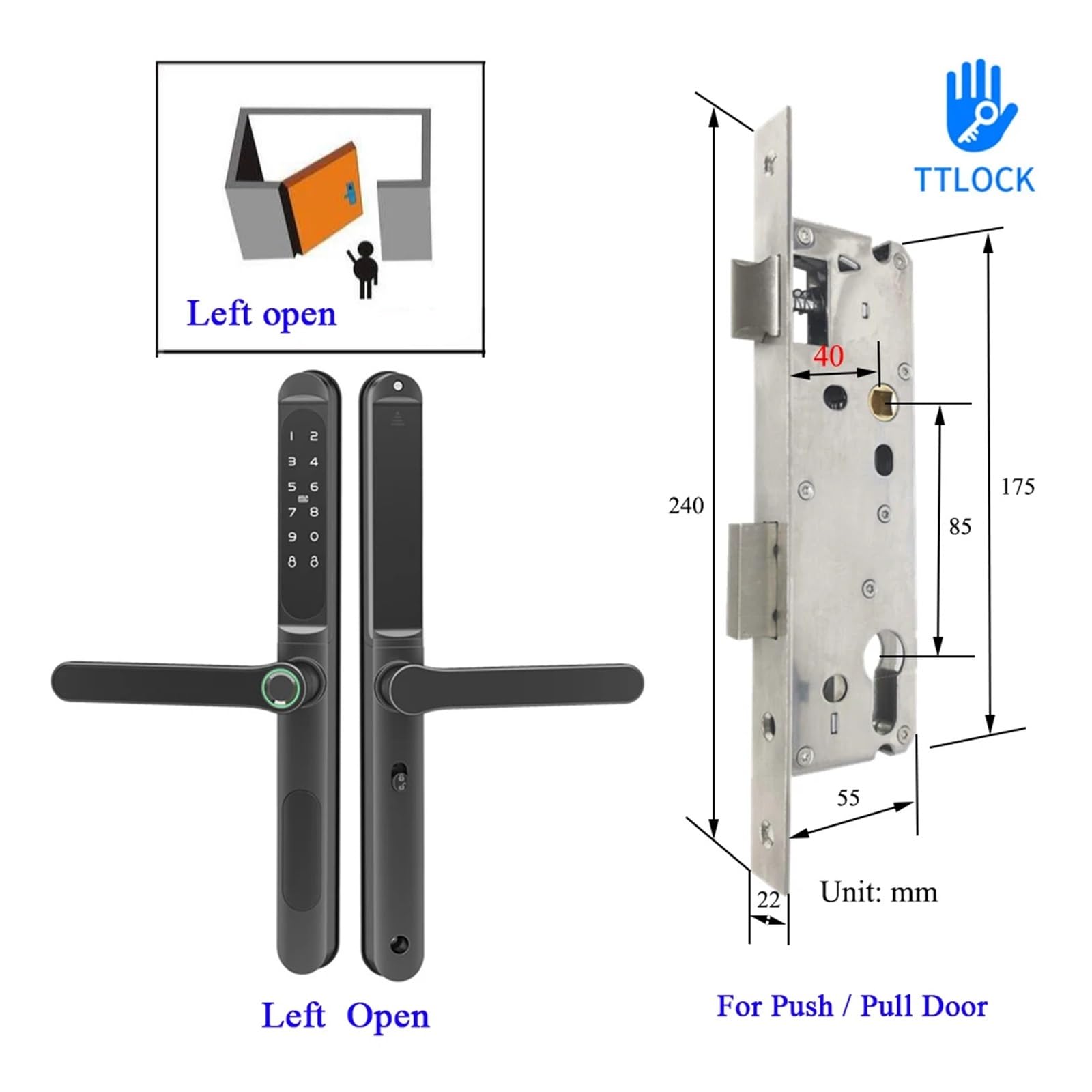 TTLock APP IP65 Wodoodporny Inteligentny zamek RFID z hasłem i odciskiem palca, kompatybilny z drzwiami przesuwnymi z ramą szklaną i ramą typu push pull(Black Left Open 8540)
