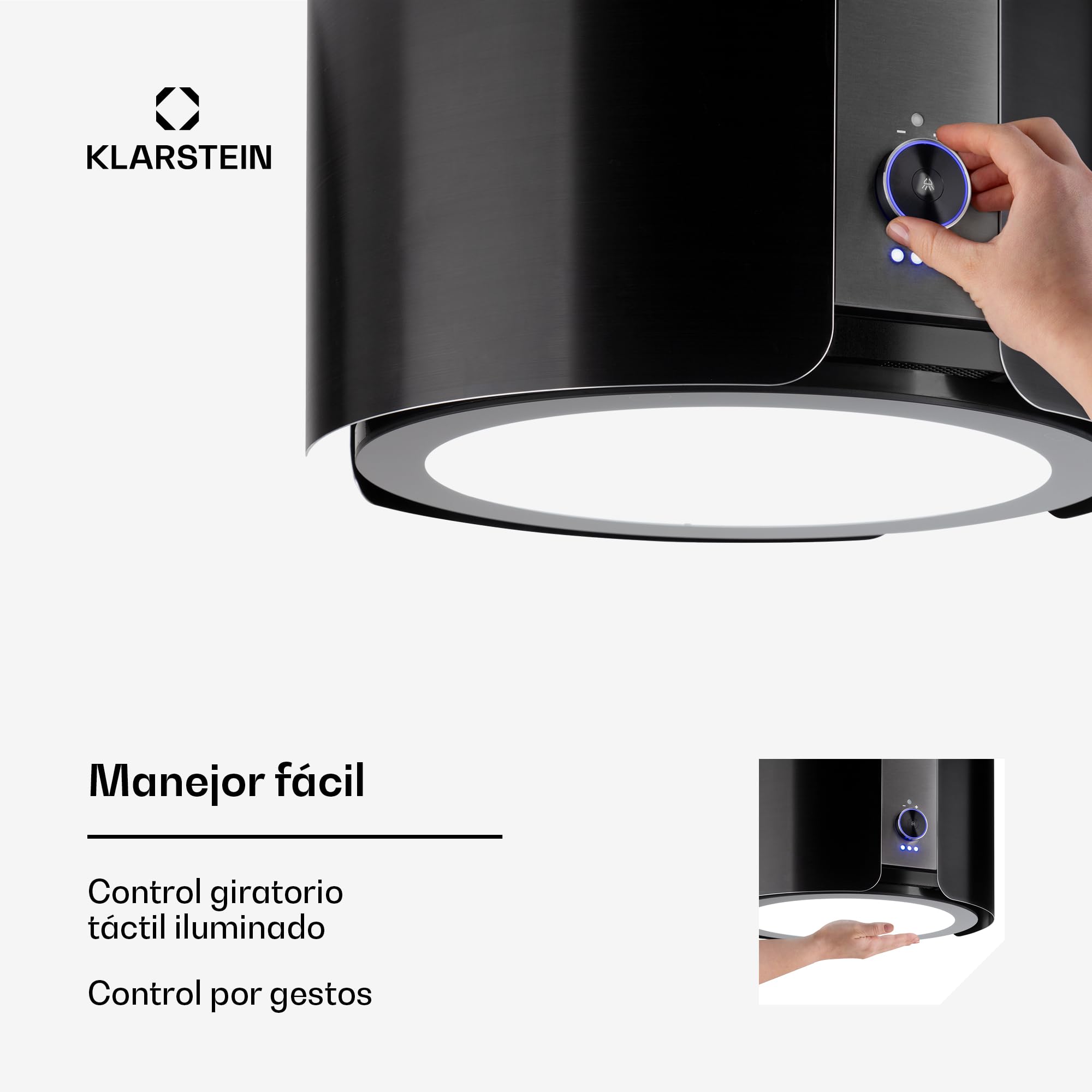 Klarstein Skyfall Smart – Extractor de humo tipo isla, campana aislada, control por aplicación móvil, 45 x 42 cm (ØxB), ventilación y extracción, 3 niveles, 402 m³/h iluminación LED, clase C, negro