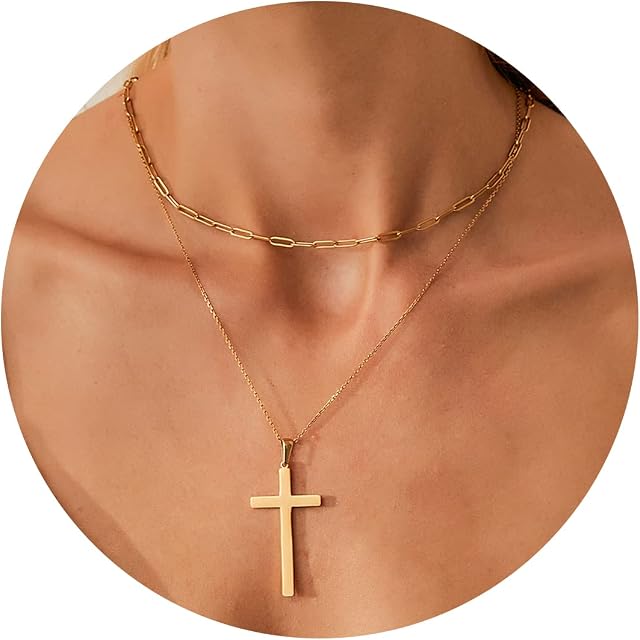 Momlovu 18K Gold Plated Silver Cross Necklace for Women - Sideways, Layered, Cubic Zirconia, Simple Cross Necklaces for Women Girls Boys Pendant Choker Necklaces Jewelry Gifts