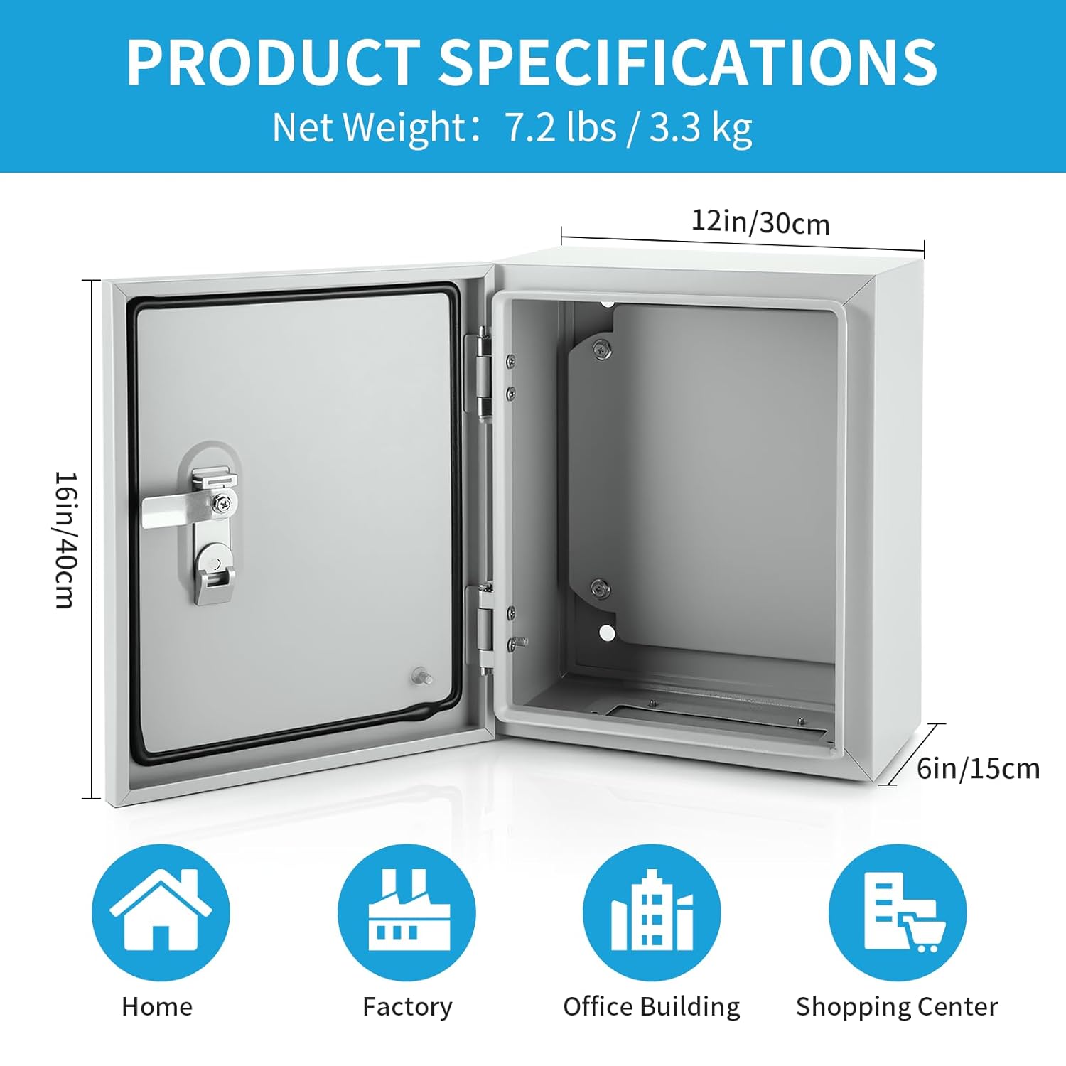Steel Electrical Enclosure, 16 x 12 x 6'' Outdoor Wall-Mounted Weatherproof Box, Lockable Lid & Integrated Mounting Plate for Industrial/Commercial Electrical Installations 16 x 12''