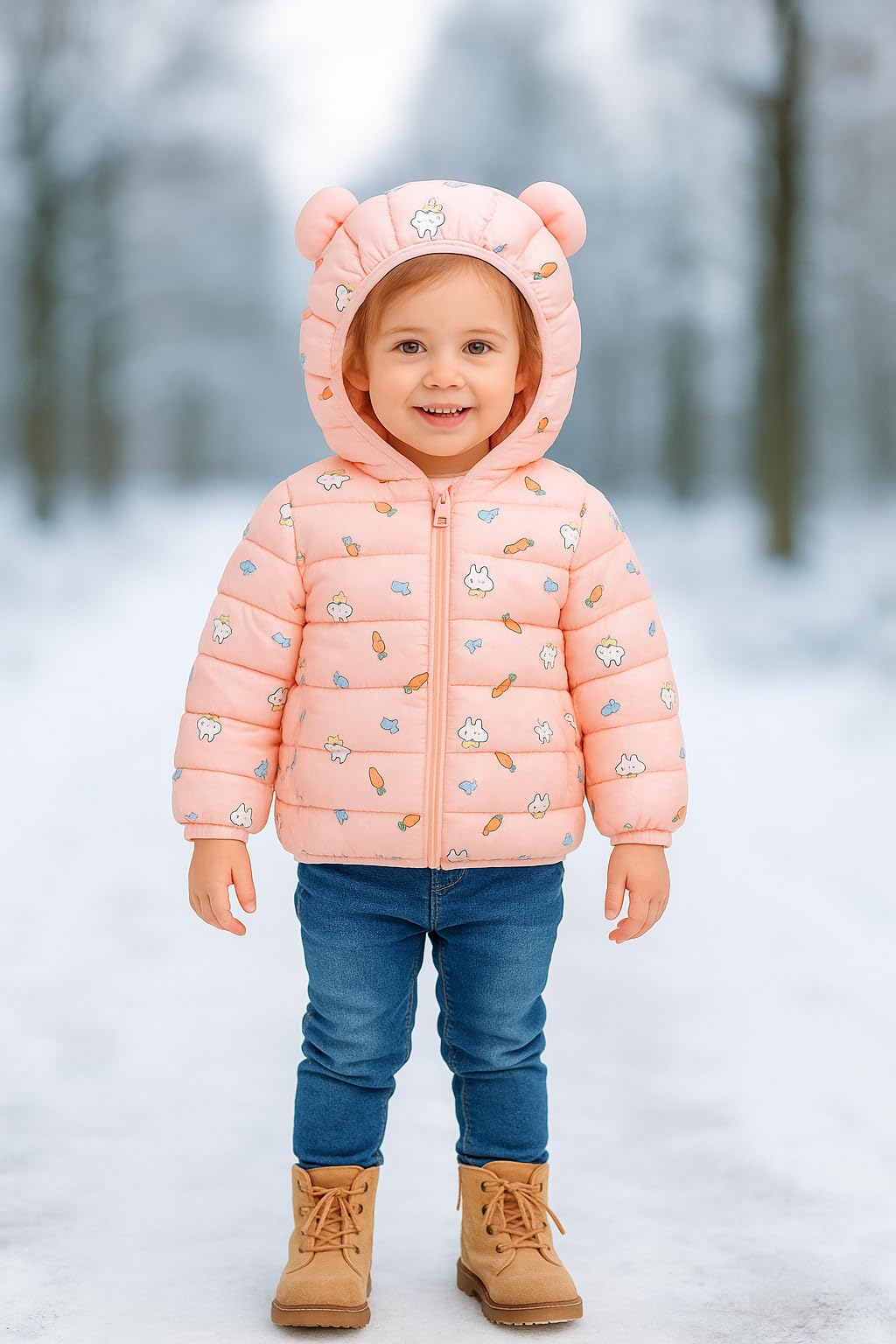 Bold N Elegant Polyester Standard Length Jungle Animal Jurassic Dinosaur Print Winter Warm Quilted Bomber Hood Jacket Coat For Infant Toddler Kids (Pink,4-5 Years)