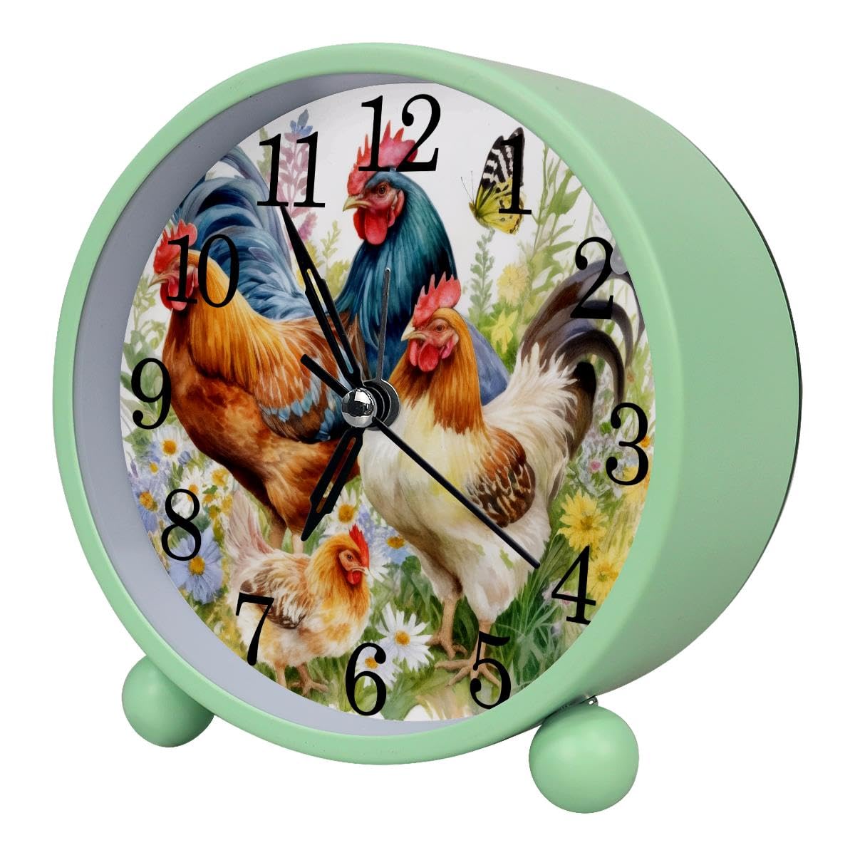 Luoweisi Alarm Clock Rooster Daisy, Silent Non-Ticking with Night Light, Round Metal Alarm Clock for Office, Battery Operated, Bedroom, Elderly, Adults, Children, Student Gifts