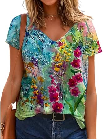 Women's Summer Floral Print Graphic Tshrit Tops Casual Loose Short ...