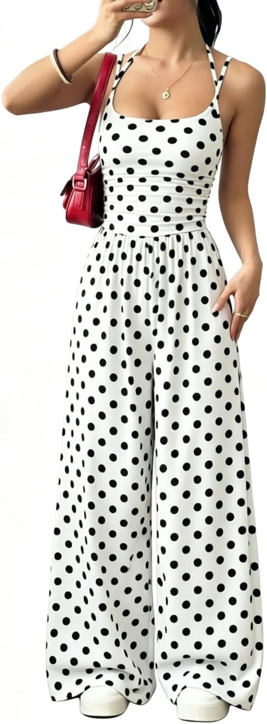 Yeshire Womens Polka Dot Spaghetti Strap Jumpsuit High Waist Wide Leg Palazzo Pants Jumpsuits Casual Outfits