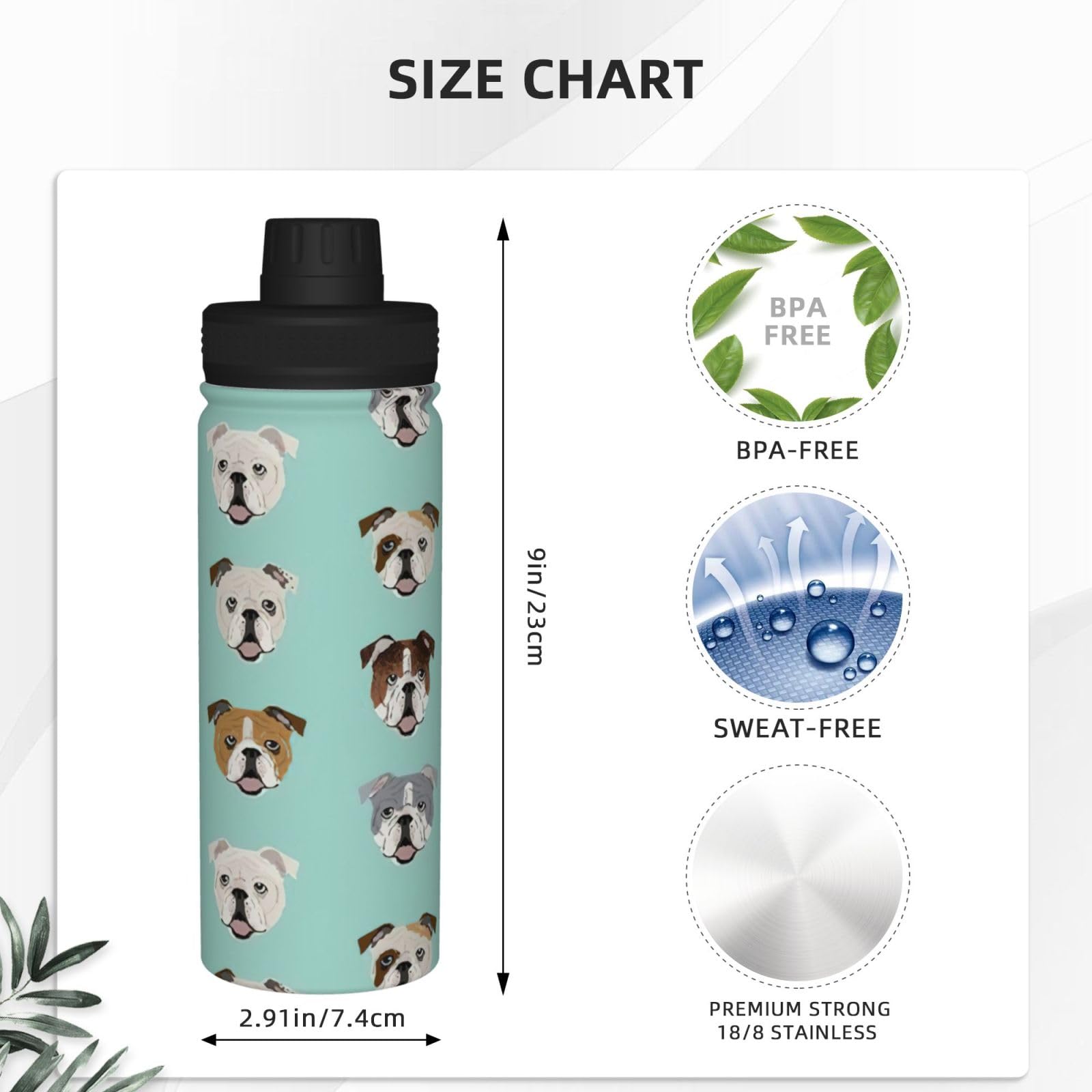 Borraccia termica con stampa di bulldog inglese, 510 ml, in acciaio inox, a doppia parete, con coperchio a prova di perdite