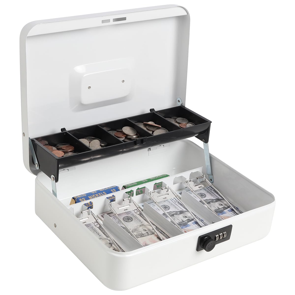 Cash Box with Money Tray and Combination Lock, Parrency Large Money Box, 5 Compartments for Cions & 4 Spring-Loaded Clips for Bills, 11 4/5" x 9 2/5"