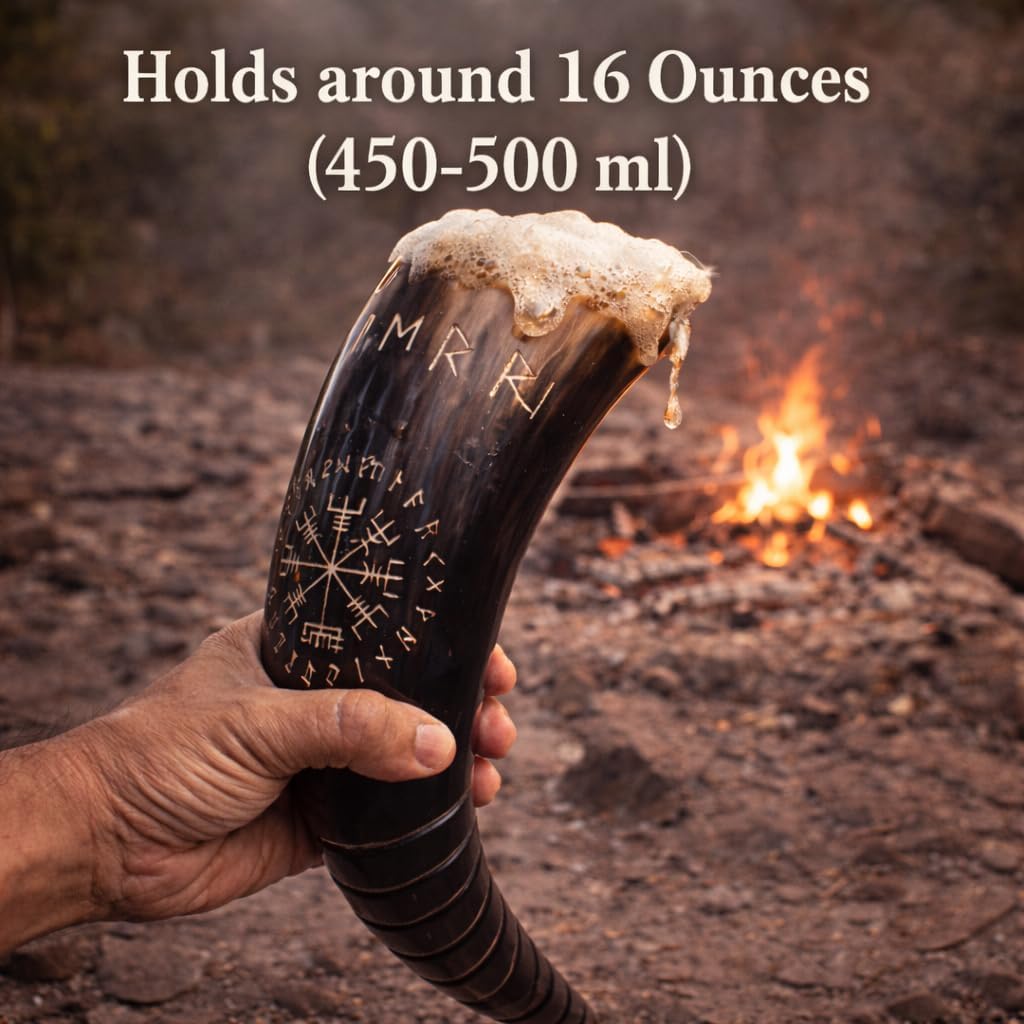 Divit Genuine Viking Drinking Horn with Iron stand | Authentic Medieval Beer Drinking Horn | Brass Adornments & Burlap Gift Sack Included | 16 oz capacity (Rune Horn & Swirl Horn Opener)