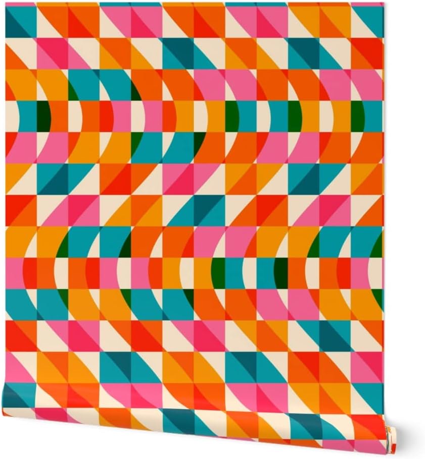 Spoonflower Removable Wallpaper 3ft x 2ft - Retro Checkered Waves Pink Green Blue Red Orange Stripes Custom Pre-Pasted Wallpaper