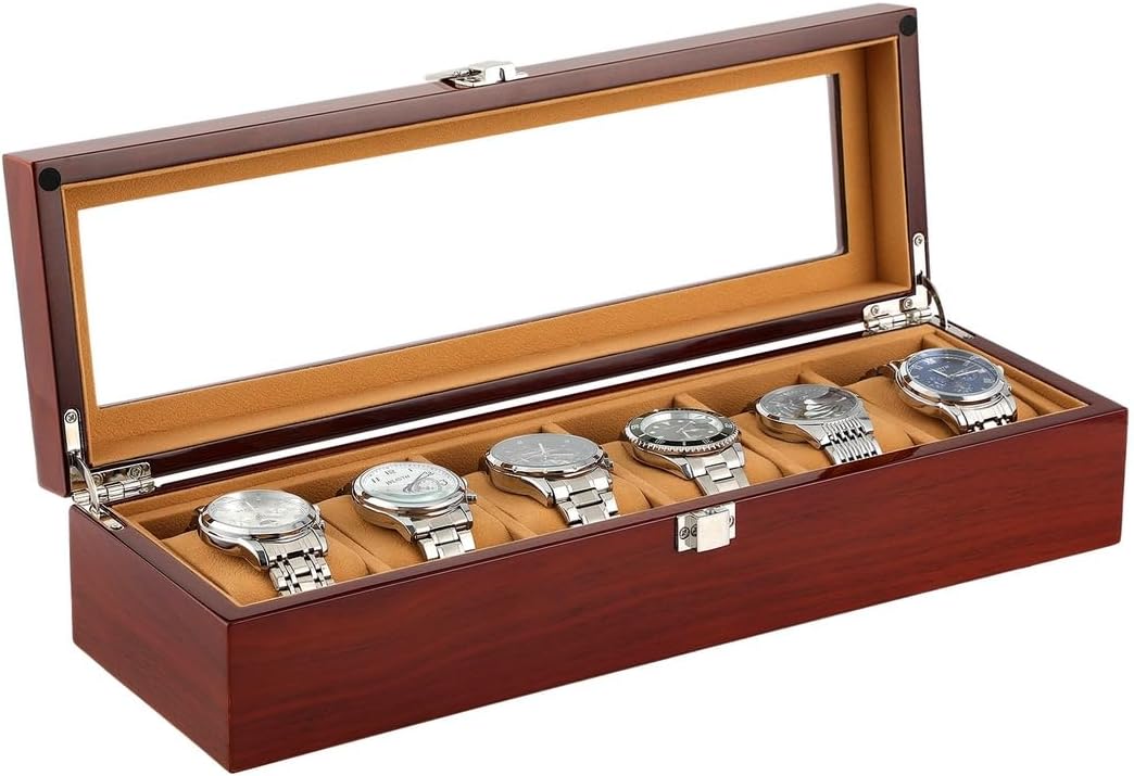 6-Slot Wooden Watch Box for Men, Glass Top Watch Organizer, Luxurious Lacquered Finish Display Case, Classy Watch Gift Box for Christmas, Father’s Day