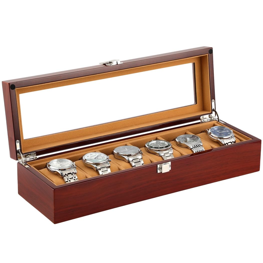 Caja de reloj de madera, organizador de relojes de 6 ranuras para hombre con parte superior de cristal, vitrina de madera lacada brillante, caja de regalo elegante para hombres, regalo del día