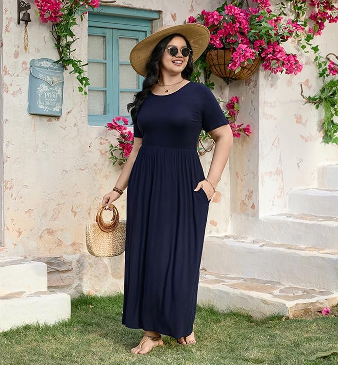 POPYOUNG Womens Plus Size Maxi Dress Summer Short Sleeve Long Crew Neck Casual Dress with Pockets - Image 3
