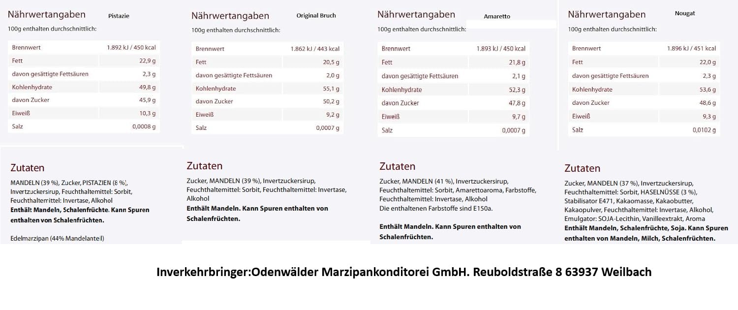 4 x Odenwälder Marzipan Königsberger Bruch Nougat Pistazie Amaretto Sonderedition 850g