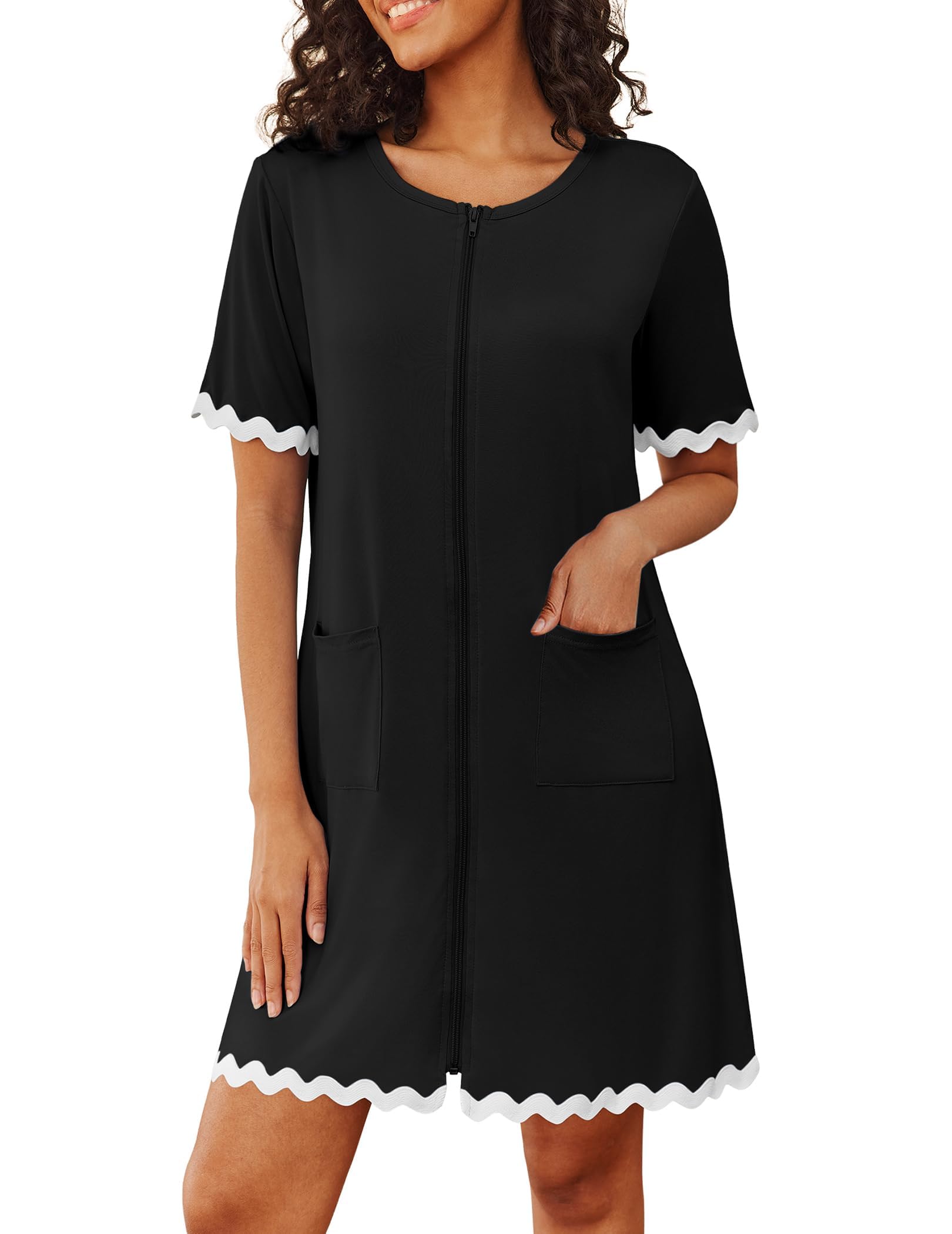 Ekouaer Women Zip Up Robe Lightweight Housecoats with Pockets Knee Length Short Bathrobes Soft Nightgown S-3XL